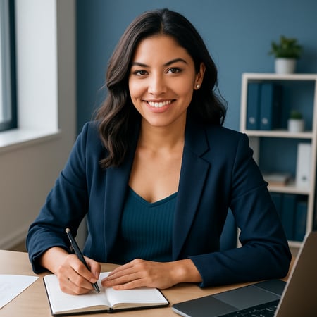 Fotografía de mujer latina en ambiente corporativo trabajando en una oficina frescos y modernos ropa semiformal proyeccuin profesional sin riguidez tono de luz natural fondos limpiosy colores coherentes como azules oscuros evitar imagen de stck exager-1