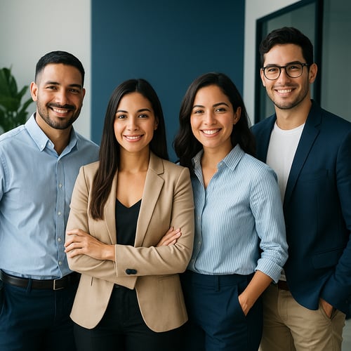 fotografa de personas latinas en ambientes corporativos frescos y modernos ropa semiformal proyeccuin profesional sin riguidez tono de luz natural fondos limpiosy colores coherentes como azules oscuros evitar imagen de stck exagerada o poco realistas-1
